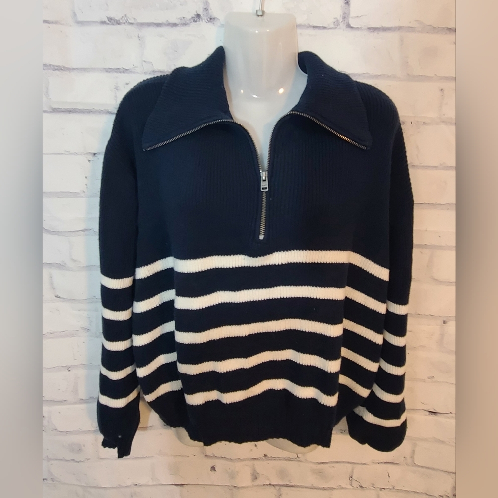 Hollister Navy & White Striped Quarter Zip Sweater